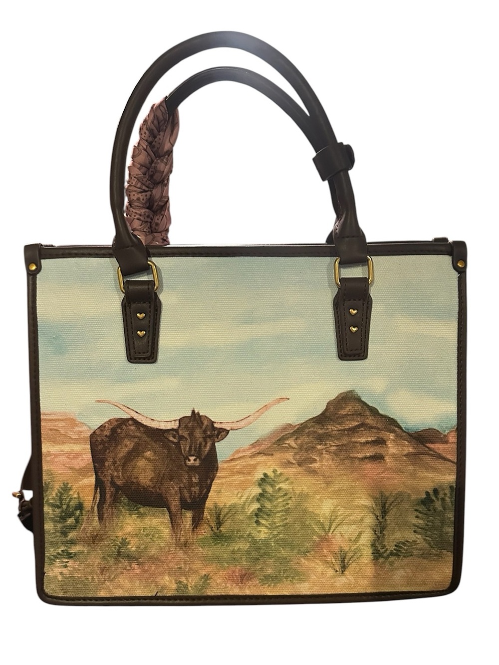Betsey Johnson Brown and Pink Western Longhorn Print Tote with Scarf - Picture 2 of 6